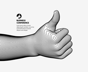 Business event invitation template. Thumbs up symbol. Hand show like or good. Approved. Sign success and nice. 3D vector for online courses, master class, seminar, presentation or webinar.
