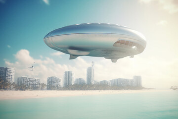 Naklejka na ściany i meble City in the Sky: AI-powered Flying Cities and Spaceships over the Azure Sea