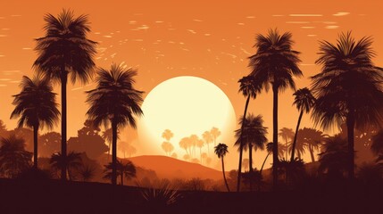 Plakat Sunset with palm trees, beach, nature, illustration, vector