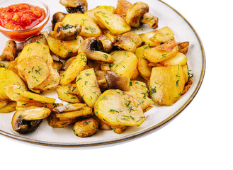 Potatoes with fried mushrooms on a plate