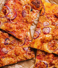 Obraz na płótnie Canvas Pizza with tuna and red onion top view