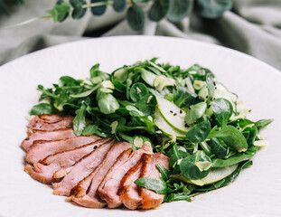 pieces of fillet of duck with salad