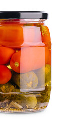 Salted cucumbers and tomatoes, in a glass jar