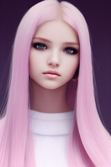 Teenage girl doll with long pink hair, Generative Ai.