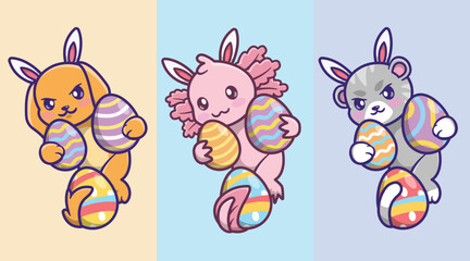 Naklejka premium a set of cute animals are happy and excited to welcome Easter, and are carrying eggs in their hands