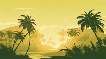 Plakat Sunset with palm trees, beach, nature, illustration, vector