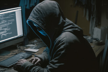 Hacker with hoodie at the computer. IT internet hacking and cybersecurity awareness. Online web crime network technology hack. Ai generated