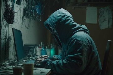 Hacker with hoodie at the computer. IT internet hacking and cybersecurity awareness. Online web crime network technology hack. Ai generated