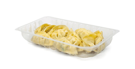 Gyoza Chinese Dumplings in Box Isolated, Vegetable Jiaozi Portion, Chicken Momo Pile, Asian Gyoza Group on White