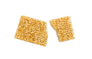 Sesame Snack Isolated, Honey Seed Cracker, Sesame Candy Bar on White Background
