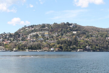 Fototapeta na wymiar Panoramic photography of villages by lake Como.