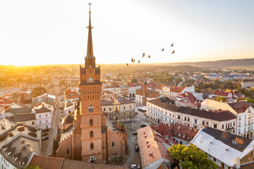 Aerial view of Tarnow old town at sunrise, Poland