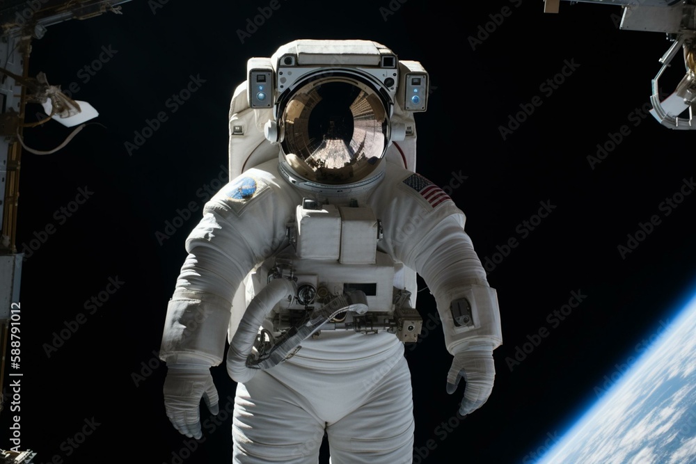 Poster an astronaut standing in front of a spaceship generative ai
