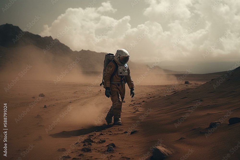 Poster an astronaut walking on a dusty planet generative ai