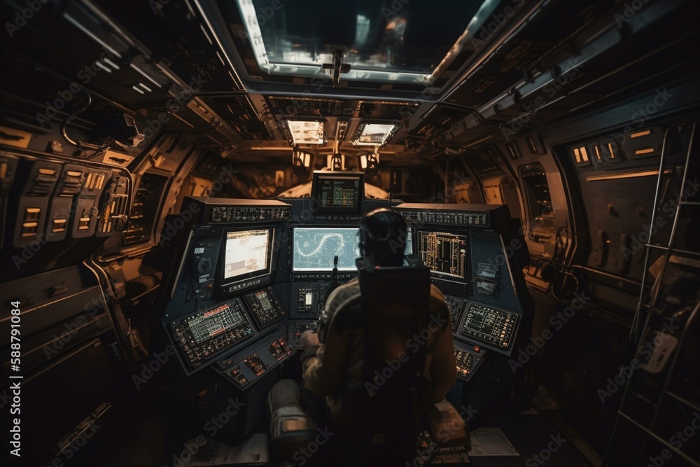 Poster an astronaut inside a spacecraft, surrounded by screens and controls , non-existent person in genera