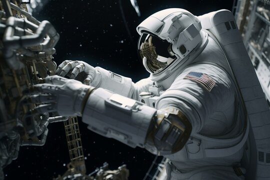 An astronaut using a robotic arm to repair a spacecraft Generative AI