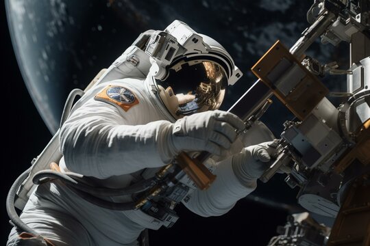 An astronaut using a robotic arm to repair a spacecraft Generative AI