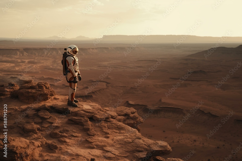 Poster an astronaut standing on a cliff on a red planet generative ai