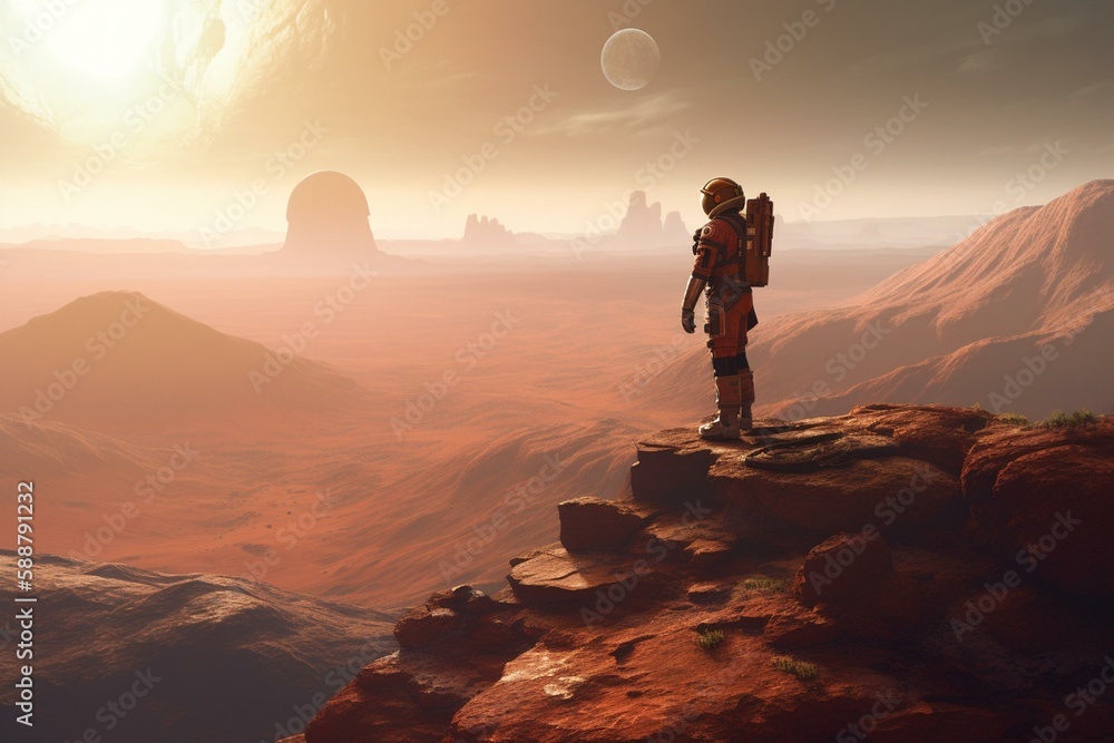 Poster an astronaut standing on a cliff on a red planet generative ai