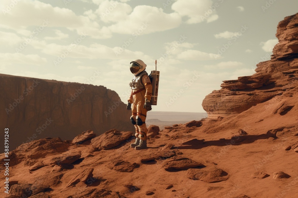 Poster an astronaut standing on a cliff on a red planet generative ai