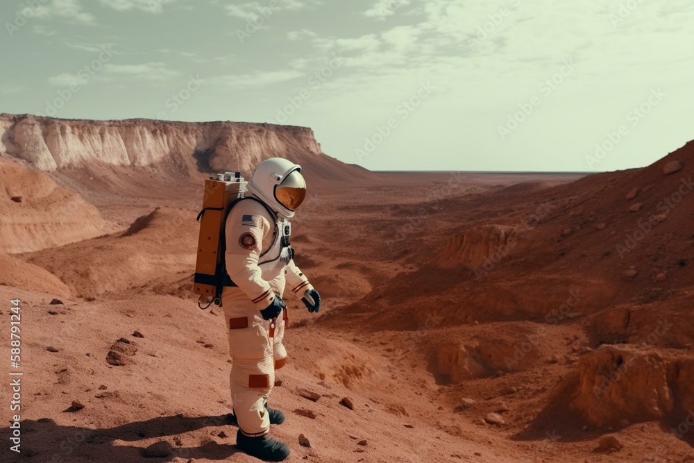 Poster an astronaut standing on a cliff on a red planet generative ai