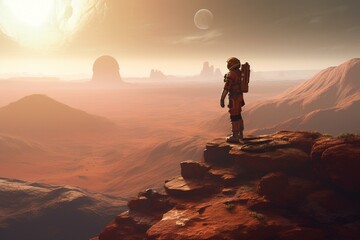 An astronaut standing on a cliff on a red planet Generative AI