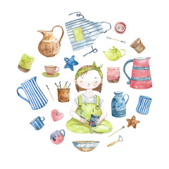 Watercolor set. Female potter. Сeramist decorating cup. Pottery wheel, pots, mug, vase, brushes, clay, handmade tools and equipments, apron. Pottery workshop. Creative hobby. Artist during handicraft