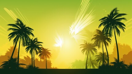 Naklejka na ściany i meble Sunset with palm trees, beach, nature, illustration, vector
