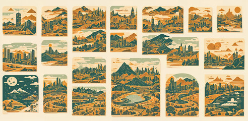Landscapes collection, style drawing, divided, conquer