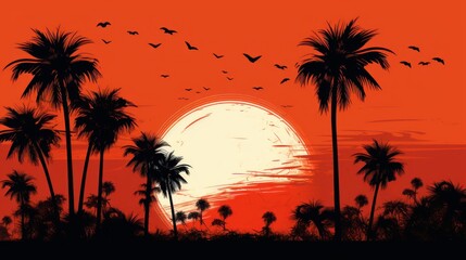 Sunset with palm trees, beach, nature, illustration, vector