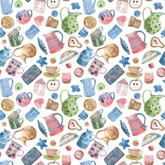 Watercolor seamless pattern with pottery and utensils. Colorful jug, mugs, bowl, cups, buttons, hydrangea flowers. Home comfort. Clay kitchenware assortment set