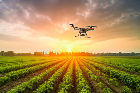 Drone flying over agricultural fields management for observation, growth check or fertilization. Agricultural and food engineering, agronomist innovation and crop technology concepts. Generative AI..
