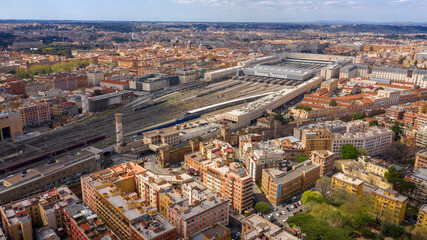 Fototapeta na wymiar Aerial view of the Roma Termini railway station. This is the largest and most important station in the Italian capital and trains depart from here for all of Italy. 