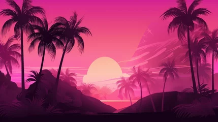 Gartenposter Rosa Sunset with palm trees, beach, nature, illustration, vector