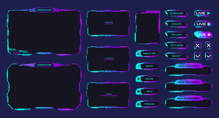Game stream frames or panels. Futuristic frames for live gaming streamers. Glowing hud frames for streaming media or broadcasts. Sci Fi modern user interface elements. Vector illustration.