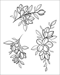 Branch with pretty decorative flowers vector SVG linework outline
