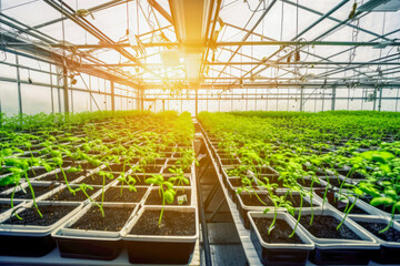 Hydroponic food production in a greenhouse. Green organic production in a row. Agricultural and food engineering, agronomist innovation, agroindustry, agribusiness and crop technology. Generative AI.