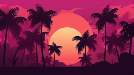 Obraz na płótnie Canvas Sunset with palm trees, beach, nature, illustration, vector