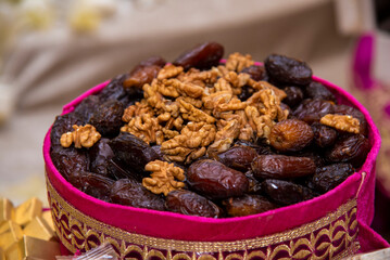 Festive Moroccan bowls with milk and dates.