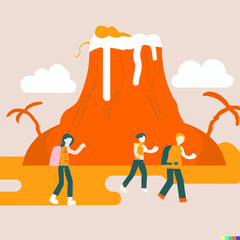 People Hiking along Volcano Island 