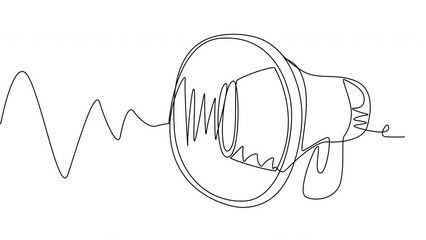 Self-drawing of a megaphone with a blue one line silhouette. The concept of preparing the dissemination of information for large masses. Whiteboard with loudspeaker in 4K with alpha channel.