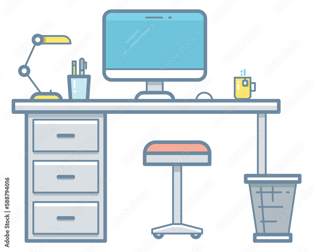 Poster workspace color icon. desktop with computer and coffee cup