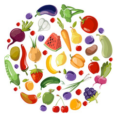 Obraz premium Fruit and vegetables circle. Round cartoon food pattern