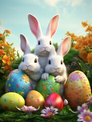 Easter Bunny and colorful Easter eggs in a flower garden. Created with Generative AI technology.