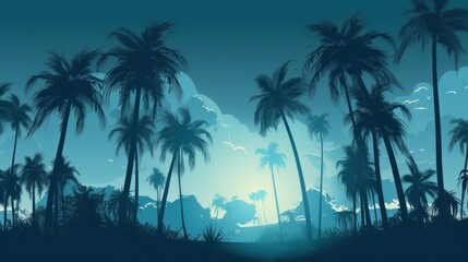 Obraz na płótnie Canvas Sunset with palm trees, beach, nature, illustration, vector