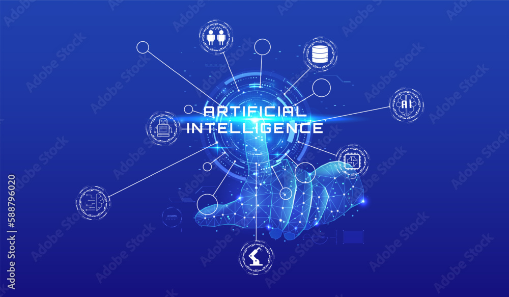 Leinwandbilder Digital low poly hand pushing on hud circle system to release ai automatic system platform. Artificial intelligence technology icon, sign information, security network vector.