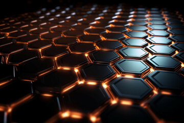 Obraz premium Beautiful metal hexagonal futuristic abstract shapes wallpaper background design texture pattern. Decorative metallic design decoration. Ai generated