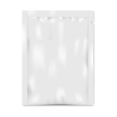 Blank sachet packet with tear notch on white background vector mockup. Individual plastic wrapping bag for cosmetic, medical or food product mock-up. Template for design