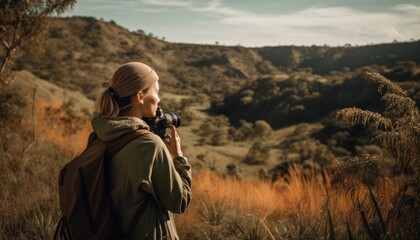 A person enjoying a hike or outdoor activity, with a breathtaking view of a natural landscape in the background. Generative AI