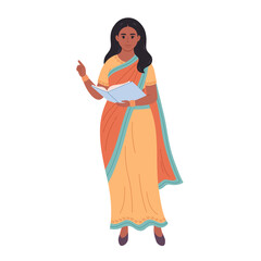Indian woman with book. Reading, literature, teaching. School teacher, librarian, business woman. Vector illustration in flat style